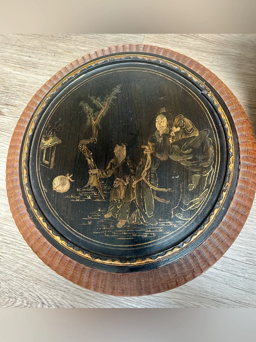 Antique Hand Painted Chinese Wedding Basket Woven Bamboo Rattan Wood